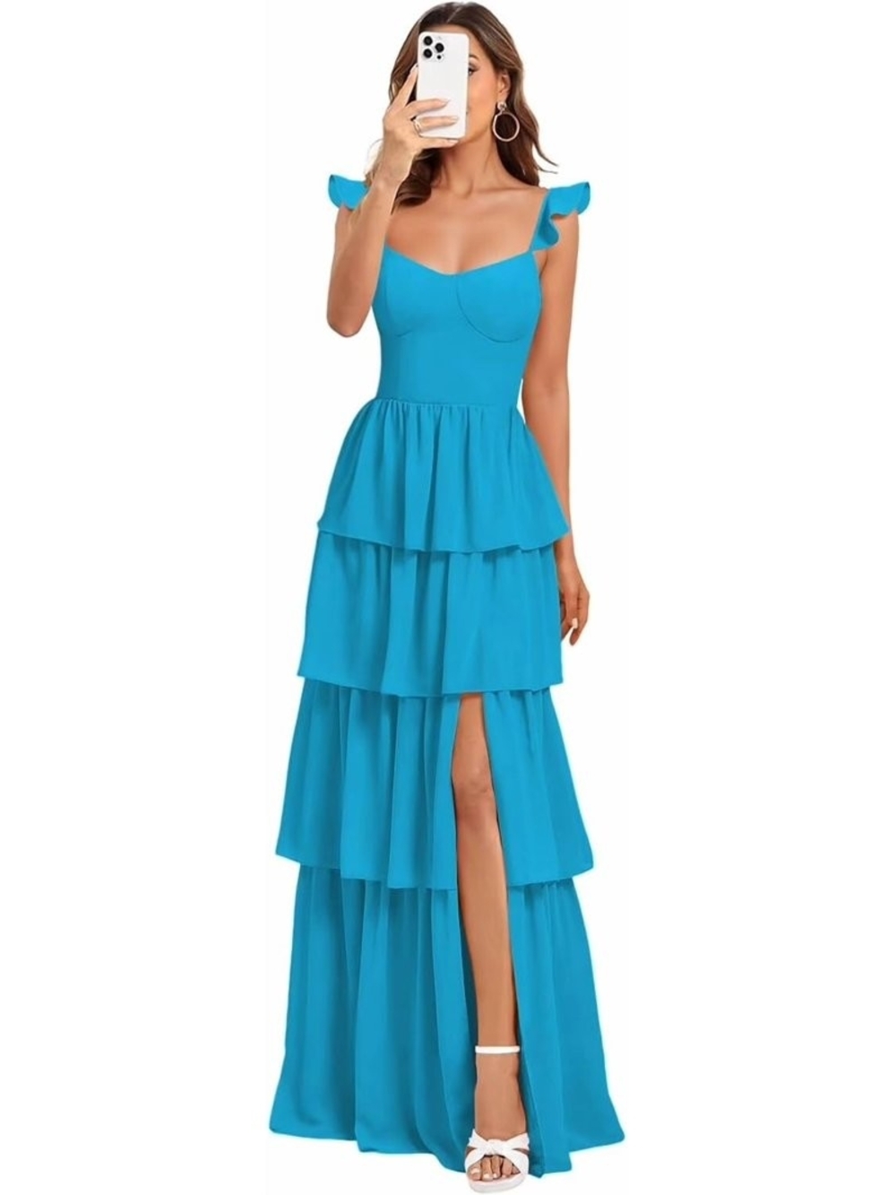 Flutter Strap Tiered Maxi Dress in Teal